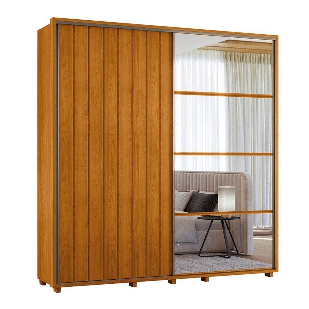Guarda-roupa Casal Monet Ripado 2 Portas De Correr 4 Gavetas 1 Porta C/ Espelho - 7 Decor Cinamomo