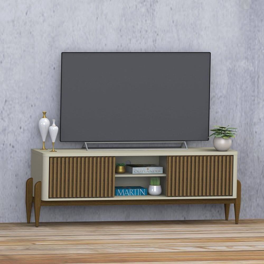 Rack Sereno para TV 55” com Ripado 2 portas de correr 160mm Off White / Cedro