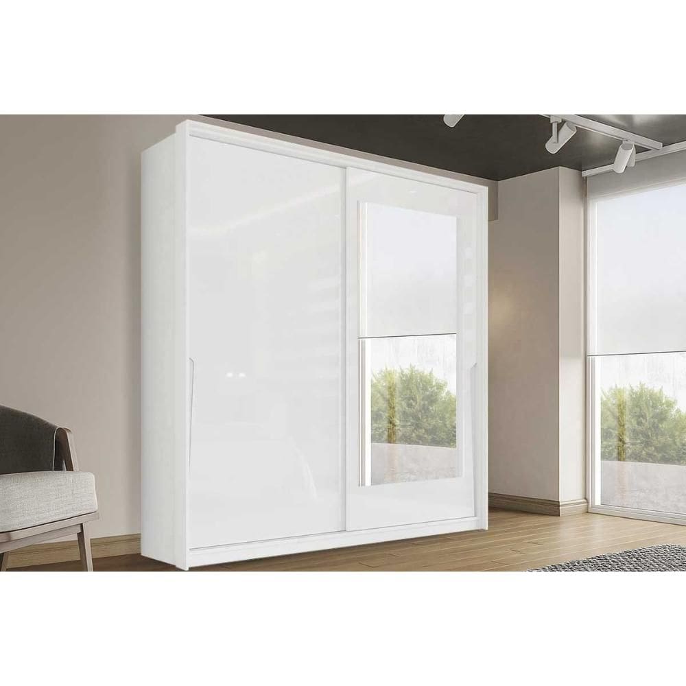 Guarda Roupas 2 Portas de Correr (1 c/ espelho) e 2 Gavetas Porto Branco - Politorno