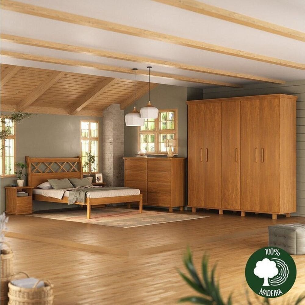 Conjunto de Quarto Cama Gramado, Cômoda Classic, 2 Mesas de Cabeceira Arthur e Guarda-Roupa Ibiza Mogno Mel