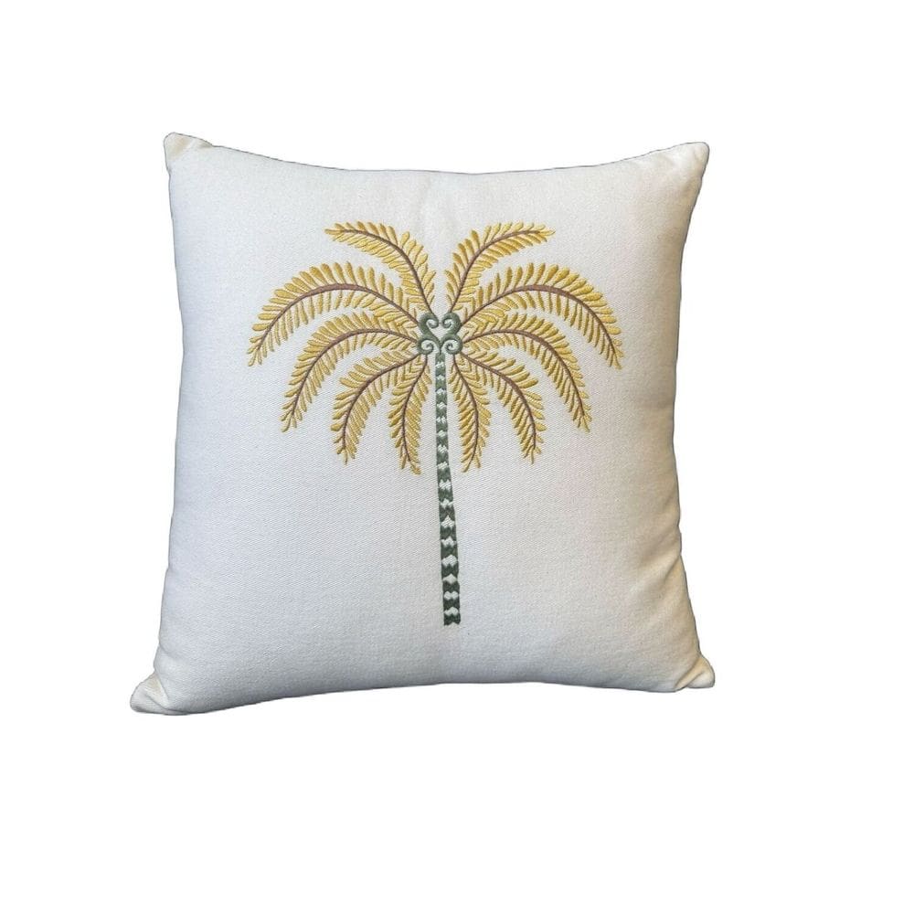 Almofada Linho Bordada Coqueiro Dourado 45x45cm Com Enchimento Cru
