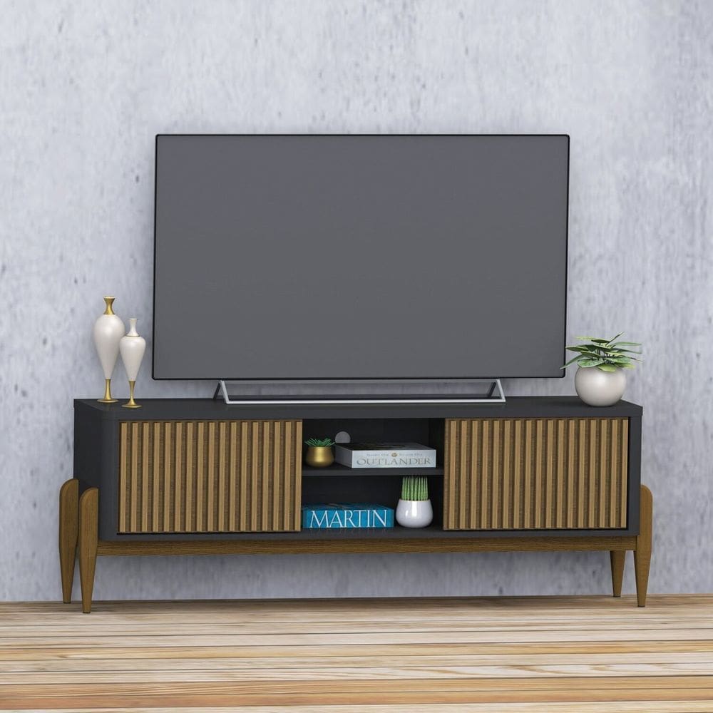 Rack Sereno para TV 55” com Ripado 2 portas de correr 160mm Preto / Cedro