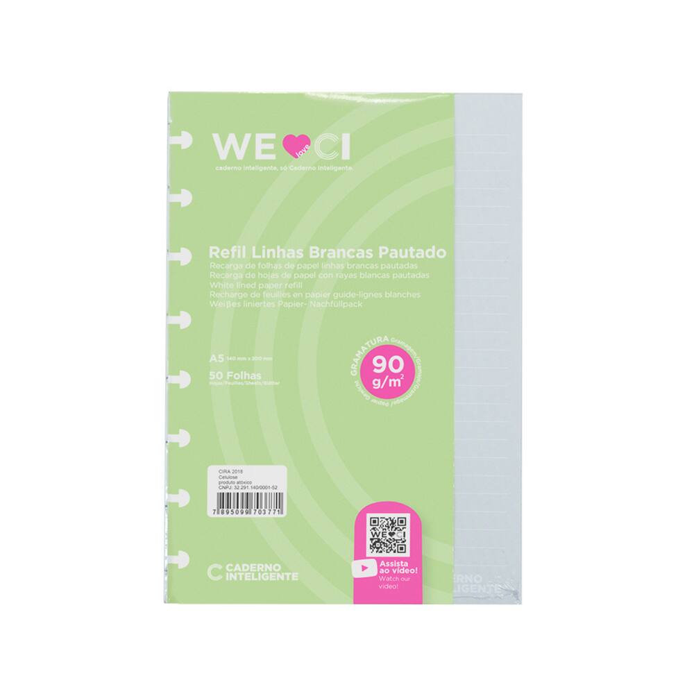 Refil Caderno Inteligente Pautado Linhas Brancas 90g - A5