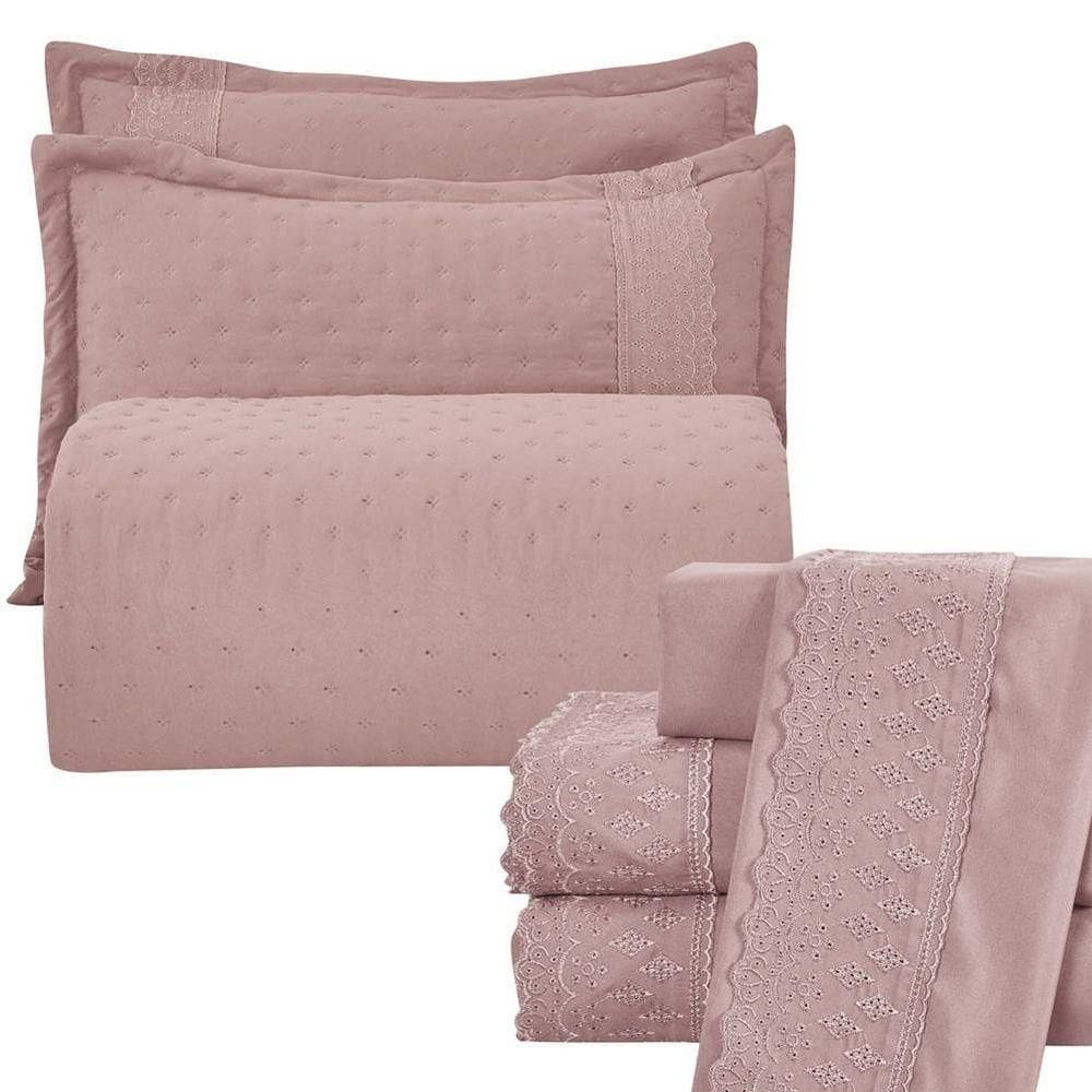 Kit Cobre Leito Casal Padrão + Jogo De Lençol Micropercal 300 Fios Com Bordado Inglês Santorini 7 Peças - Malva