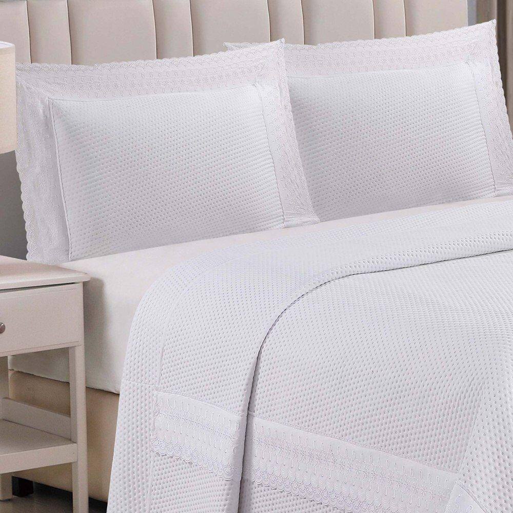 Cobre Leito King Majestic Bordado Inglês Micropercal 300 Fios Toque De Algodão 3 Peças - Branco