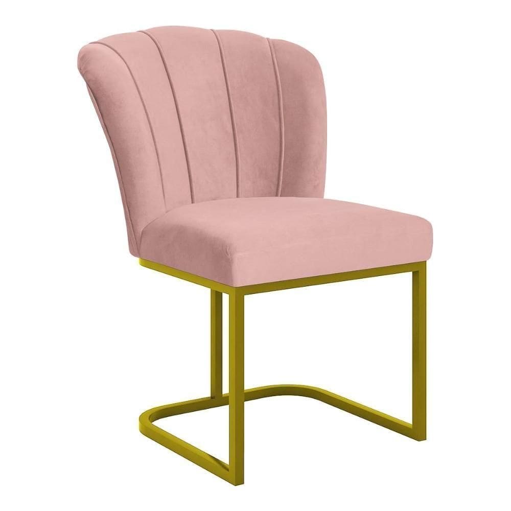 Cadeira Poltrona Flor Pés Metal Dourado Reforçado Sala De Jantar Rosa