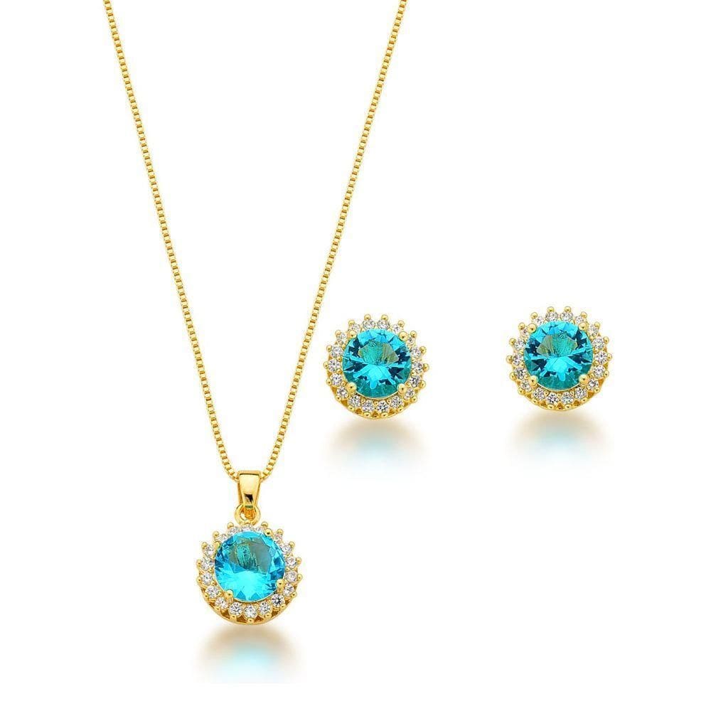Conjunto Colar E Brinco Ponto De Luz Azul Turquesa Claro Banhado A Ouro 18k