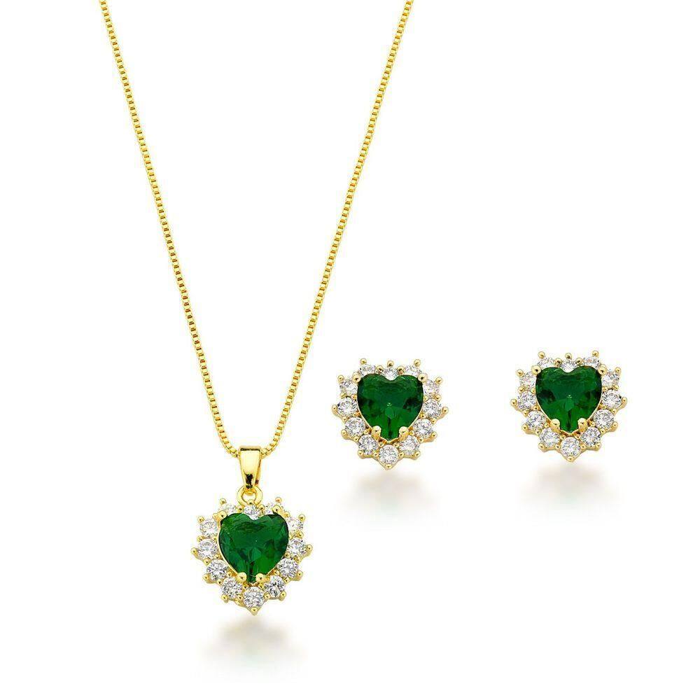 Conjunto Colar E Brinco Coração Cravejados Verde Escuro Banhado A Ouro 18k