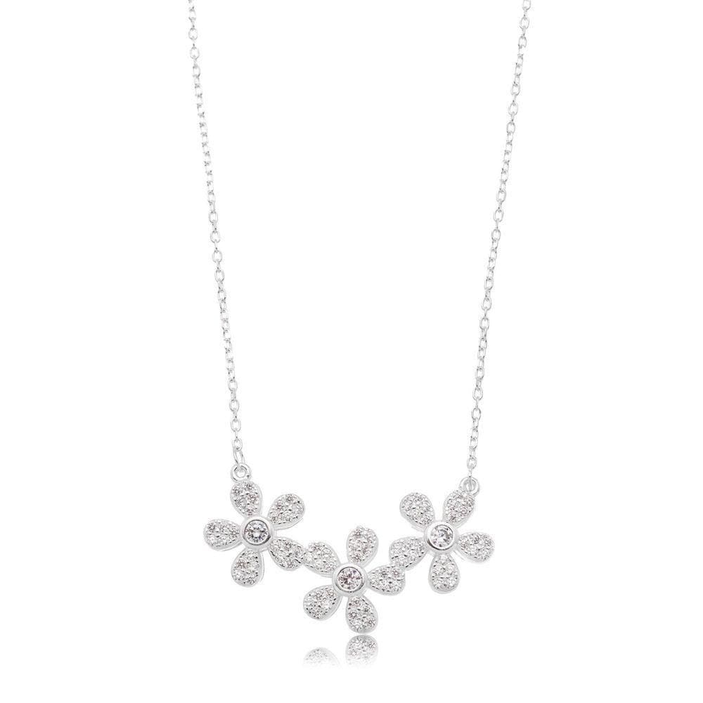 Colar Três Flores Cristais Minimalista Prata 925