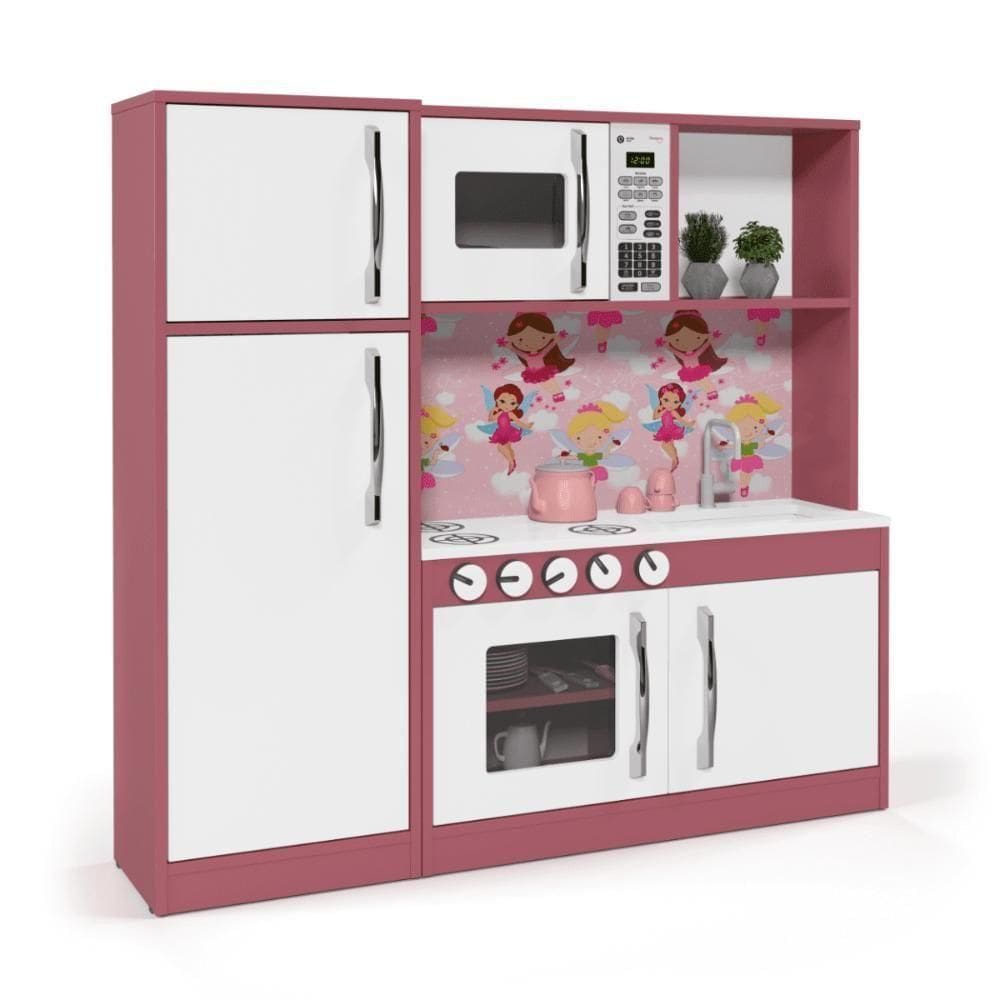 Cozinha Infantil Completa com Microondas Forno Fogão E Refrigerador Helena Branco e Rosa