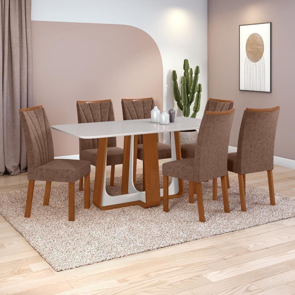 Conjunto Sala De Jantar Mesa Easy Pop 170x90cm Tampo Vidro/mdf Com 6 Cadeiras Confort Couro Avelã Frassino/off White