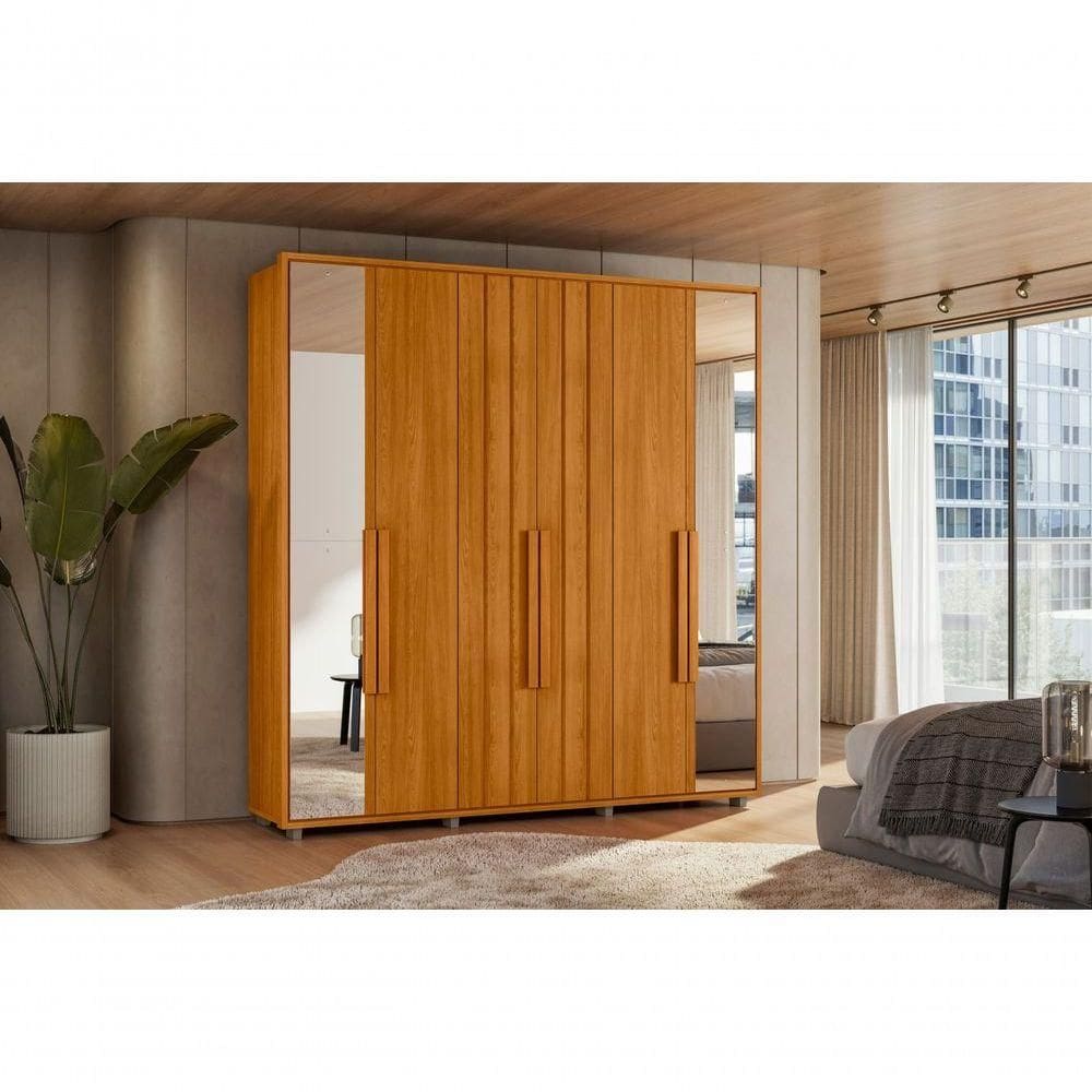 Guarda Roupa Portinari Com Espelho Mdf-6 Portas De Abrir Com Amortecimento - 4 Gavetas Com Corrediças Telescópicas
