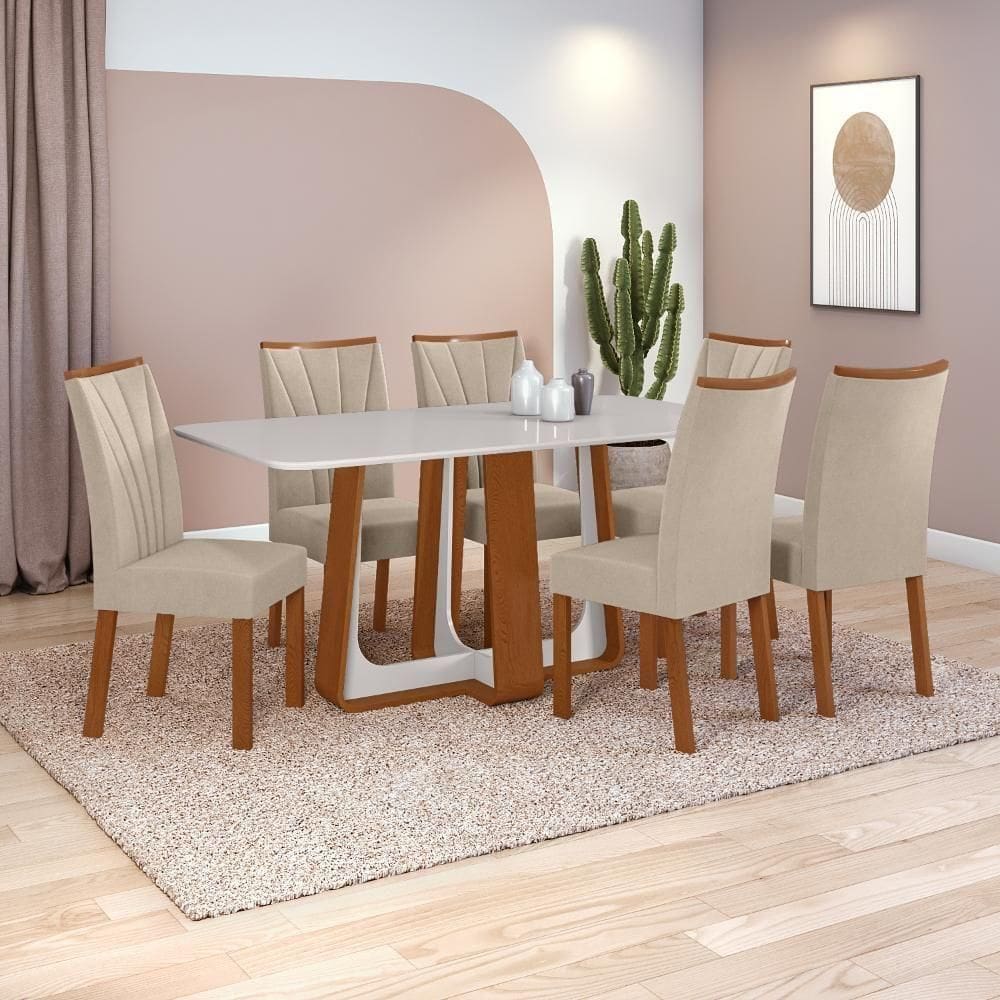 Conjunto Sala De Jantar Mesa Easy Pop 170x90cm Tampo Vidro/mdf Com 6 Cadeiras Confort Veludo Creme Frassino Off White
