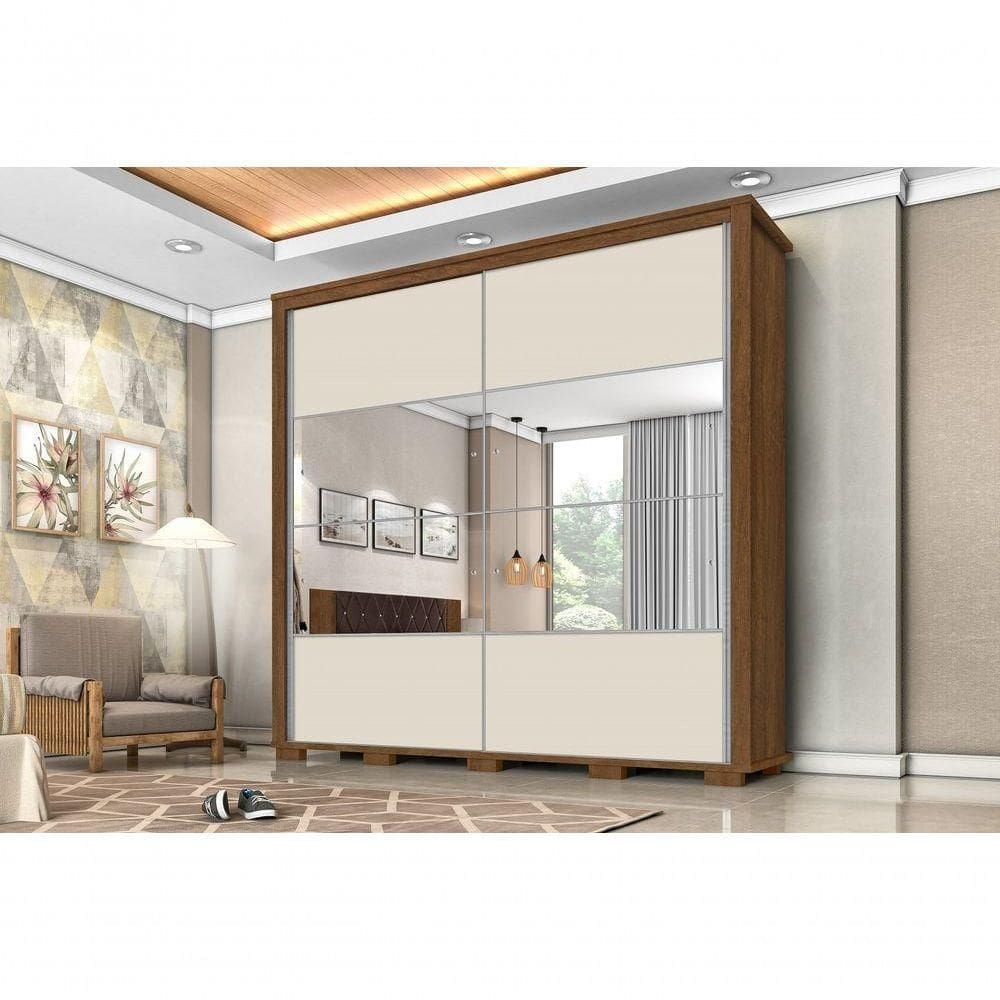 Guarda Roupa Casal 100% Mdf California Porta Correr Com Espelho 7 Gavetas Canela Off White Carmolar