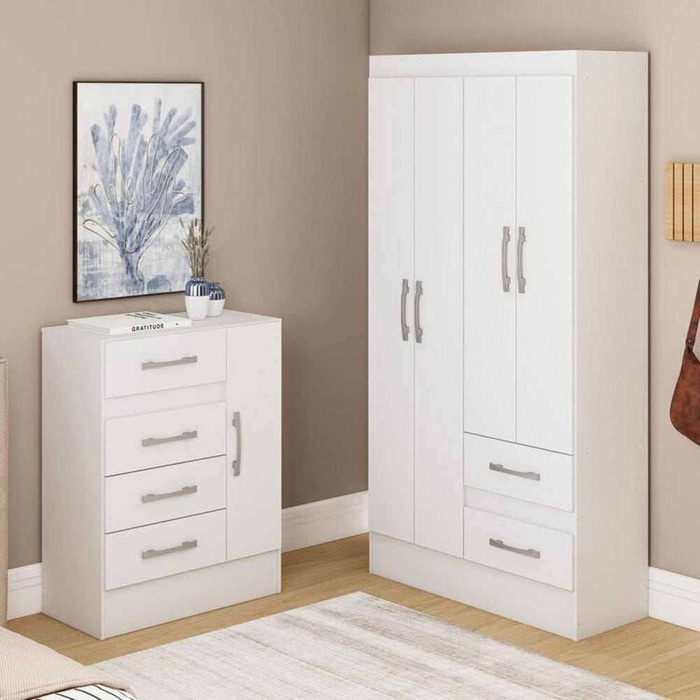Guarda-Roupa 4 portas e 2 Gavetas com Cômoda 4 Gavetas e 1 Porta Branco