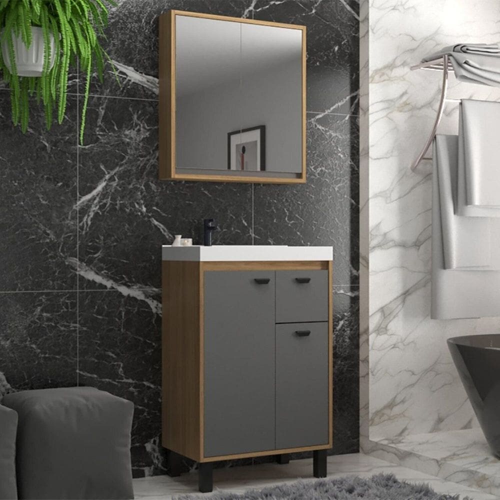 Armário para Banheiro com Cuba e Espelheira Itapuã/Cinza Sagrado