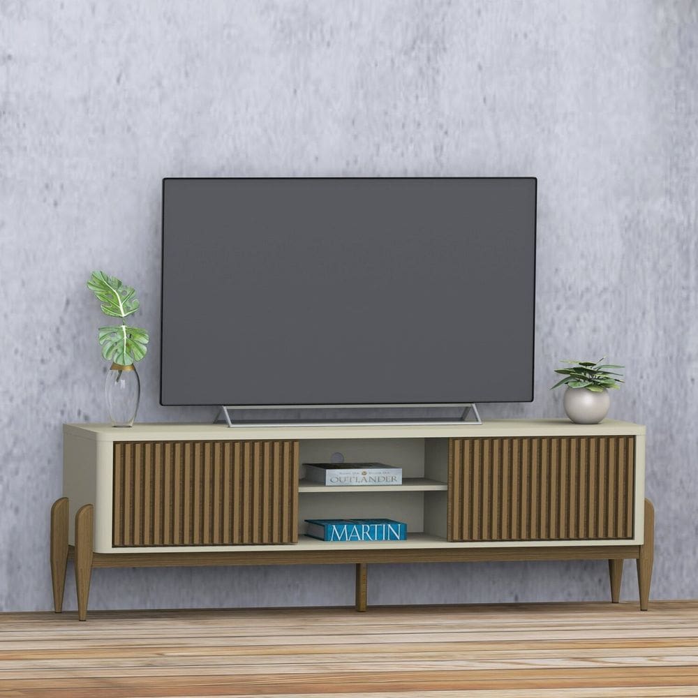 Rack Sereno para TV 55” com Ripado 2 portas de correr 180cm Off White / Cedro