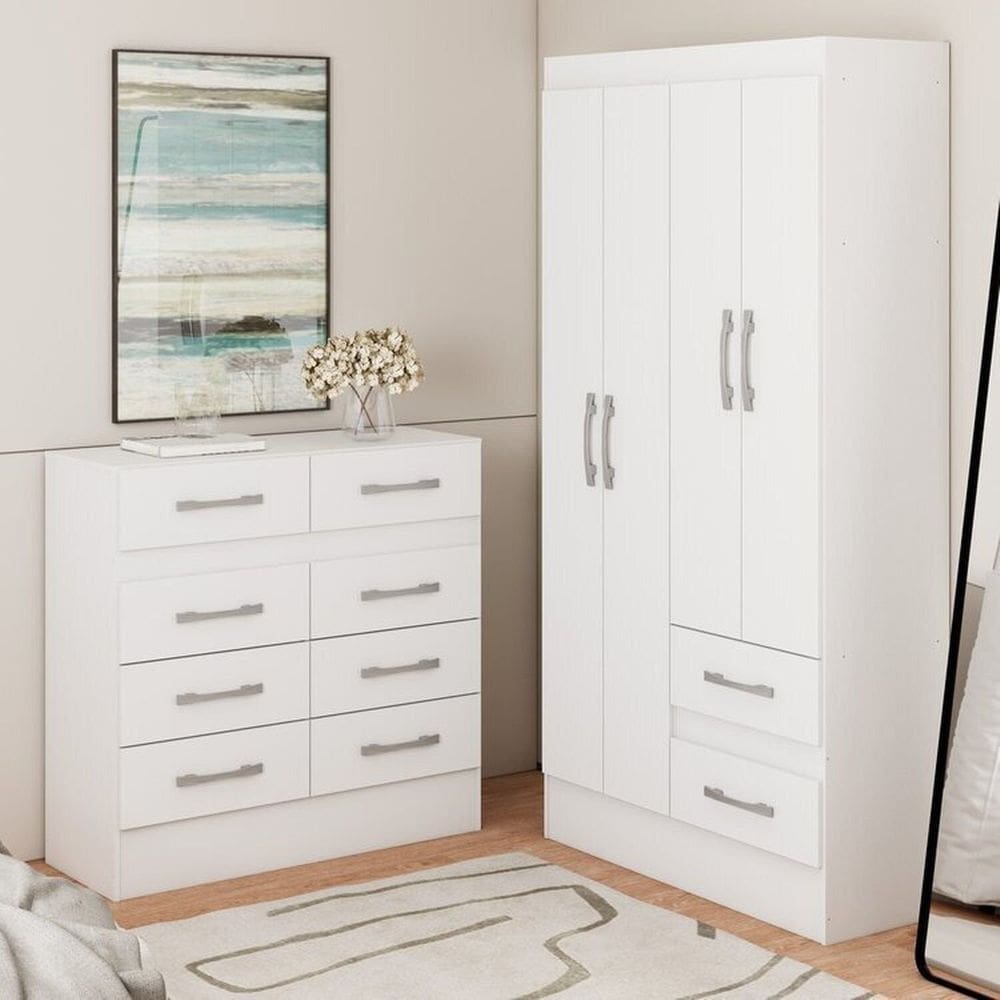 Guarda-Roupa 4 Portas 2 Gavetas com Cômoda 8 Gavetas Branco