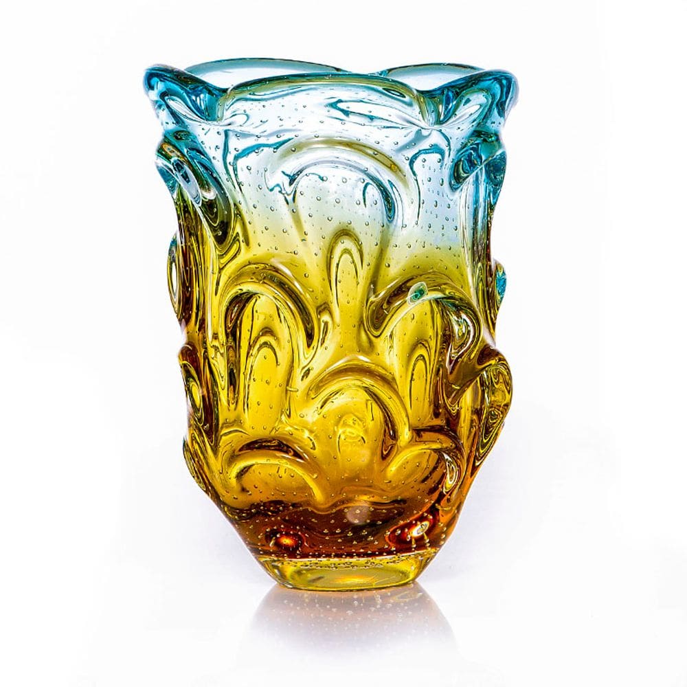 Vaso Em Cristal Murano Água Marinha E Âmbar São Marcos