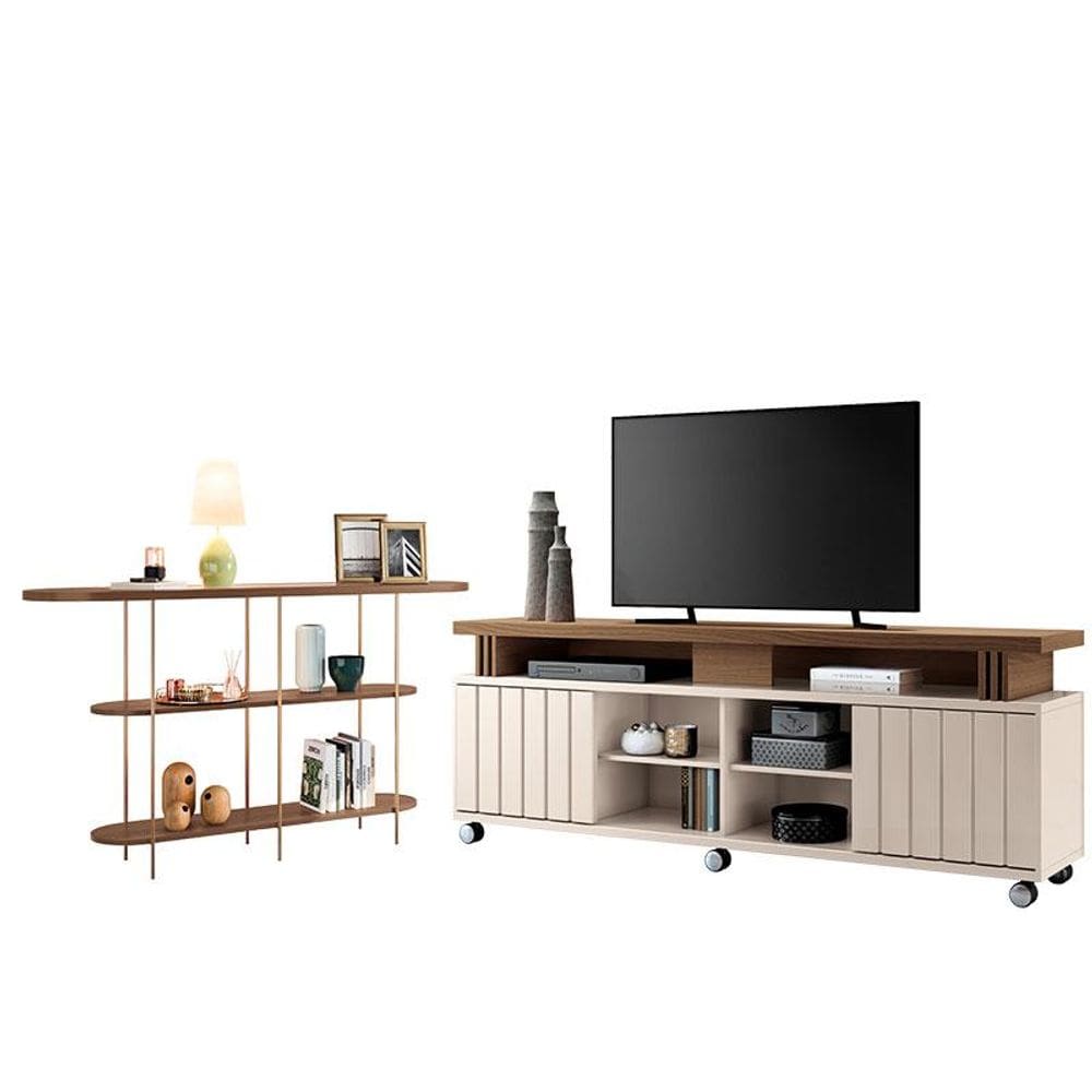 Rack Bancada Rivera 1.8 com Aparador Infinity Off White Castanho - HB Móveis