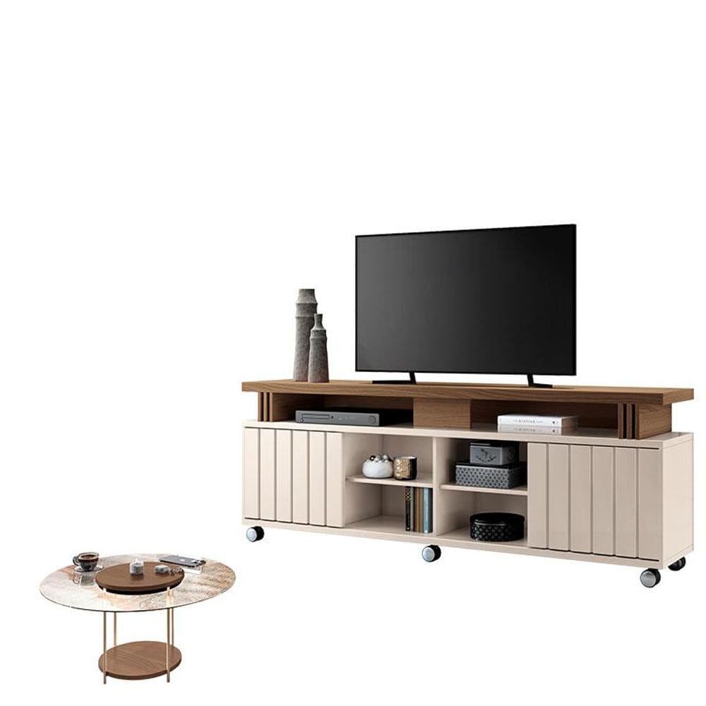 Rack Bancada Rivera 1.8 com Mesa de Centro Sky com Tampo de Vidro Off White Castanho - HB Móveis