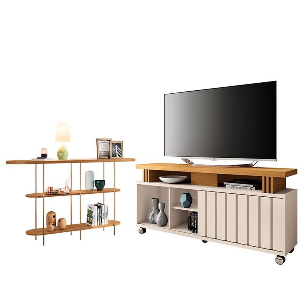 Rack Bancada Rivera 1.3 com Aparador Infinity Off White Cinamomo - HB Móveis