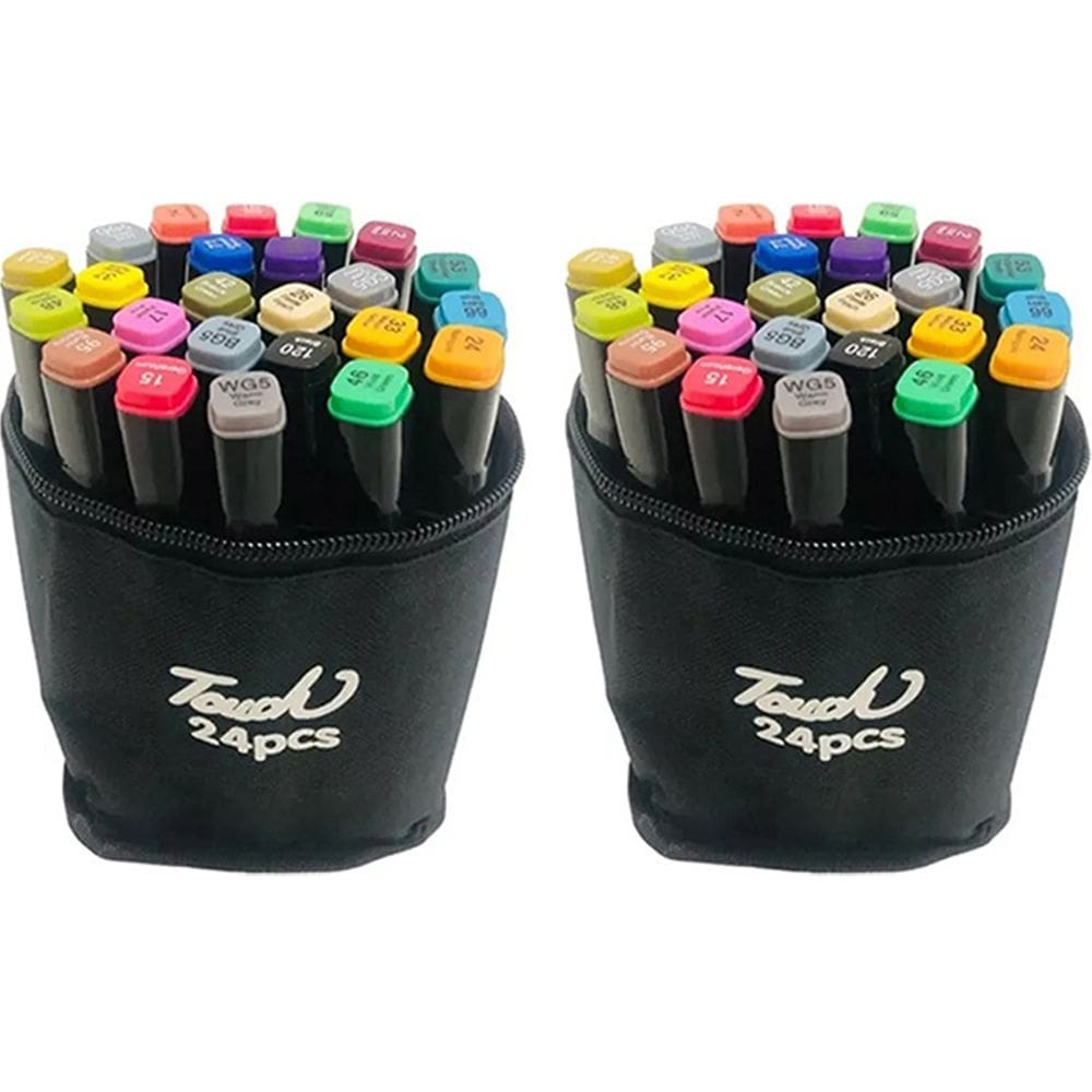 Canetinhas Caneta 24 Cores Estojo Bolsa Kit 2 Uni Ponta Dupla Estudos Desenhos Artes Escola Trabalho Design Moda