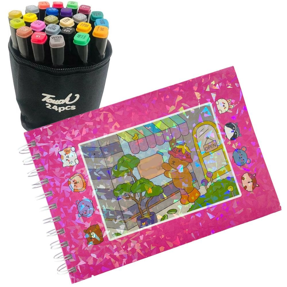 Livro de Colorir 100 Paginas Canetinhas 24 Cores Ponta Dupla Marcador Desenho Fofo