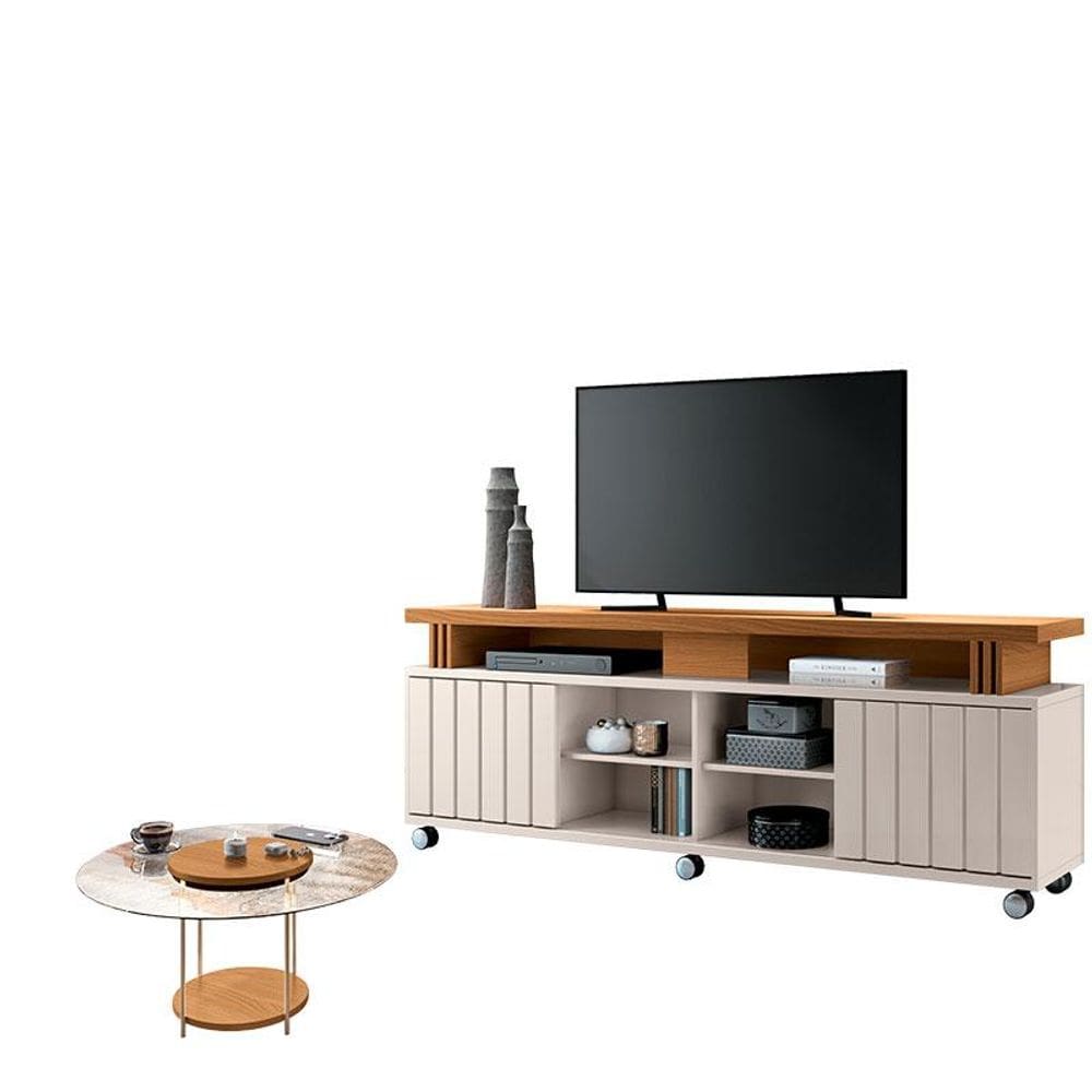 Rack Bancada Rivera 1.8 com Mesa de Centro Sky com Tampo de Vidro Cinamomo Off White - HB Móveis