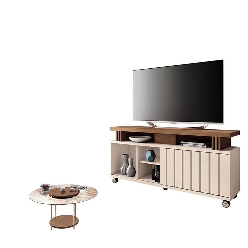 Rack Bancada Rivera 1.3 com Mesa de Centro Sky com Tampo de Vidro Castanho Off White - HB Móveis