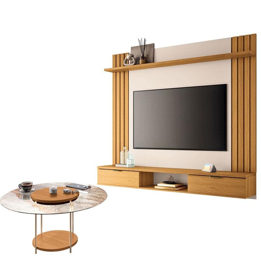 Painel para TV Suspenso Solus e Mesa de Centro SKY com Tampo de Vidro Cinamomo Off White - HB Móveis