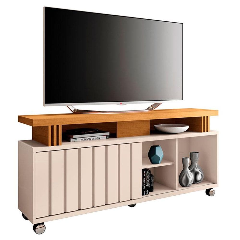 Rack Bancada Rivera 1.3 com Mesa de Centro Sky com Tampo de Vidro Off White Cinamomo - HB Móveis
