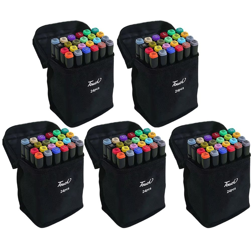 Caneta Canetinhas 24 Cores Estojo Bolsa Kit 5 Uni Estudos Ponta Dupla Desenho Pintura Curso Escola Cartaz Moda Arquitetura Design