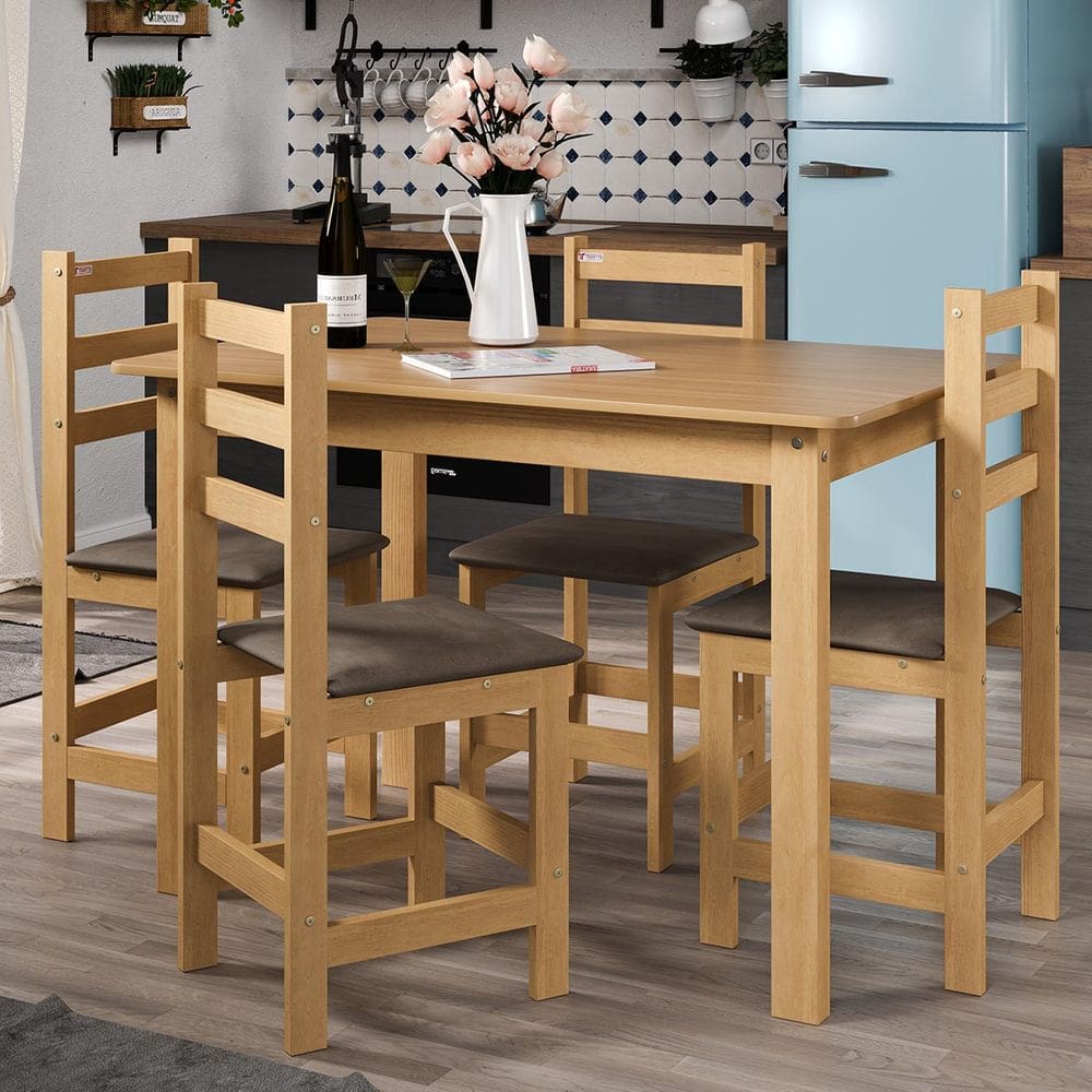 Conjunto Mesa 119cm com 4 Cadeiras Tecido Chocolate em Madeira Pinus e MDF Freijó Acetinado - Tozzeto