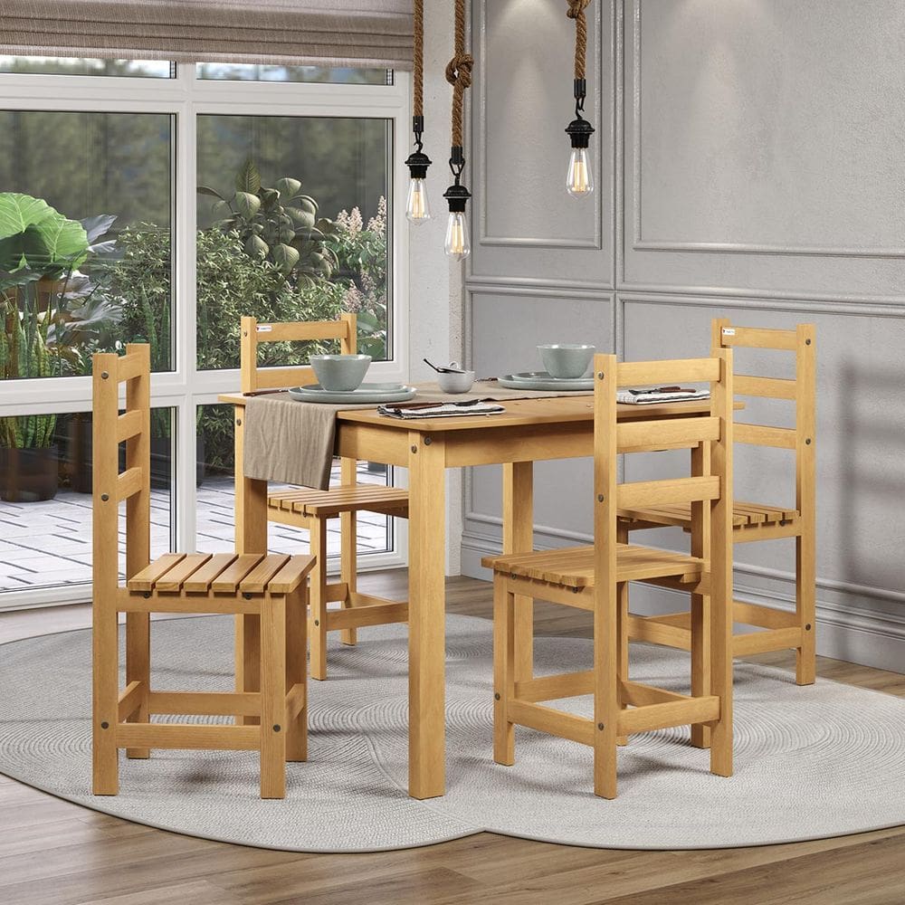 Conjunto Mesa 90cm com 4 Cadeiras em Madeira Pinus e MDF Freijó Acetinado - Tozzeto