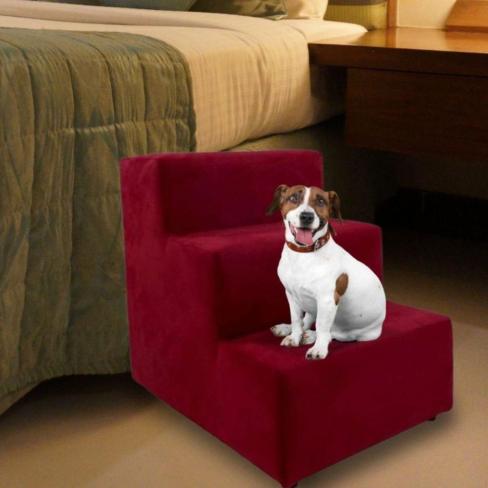 Escada Escadinha Pet Cachorro 3 Degraus Rampa Suede Premium Vermelho