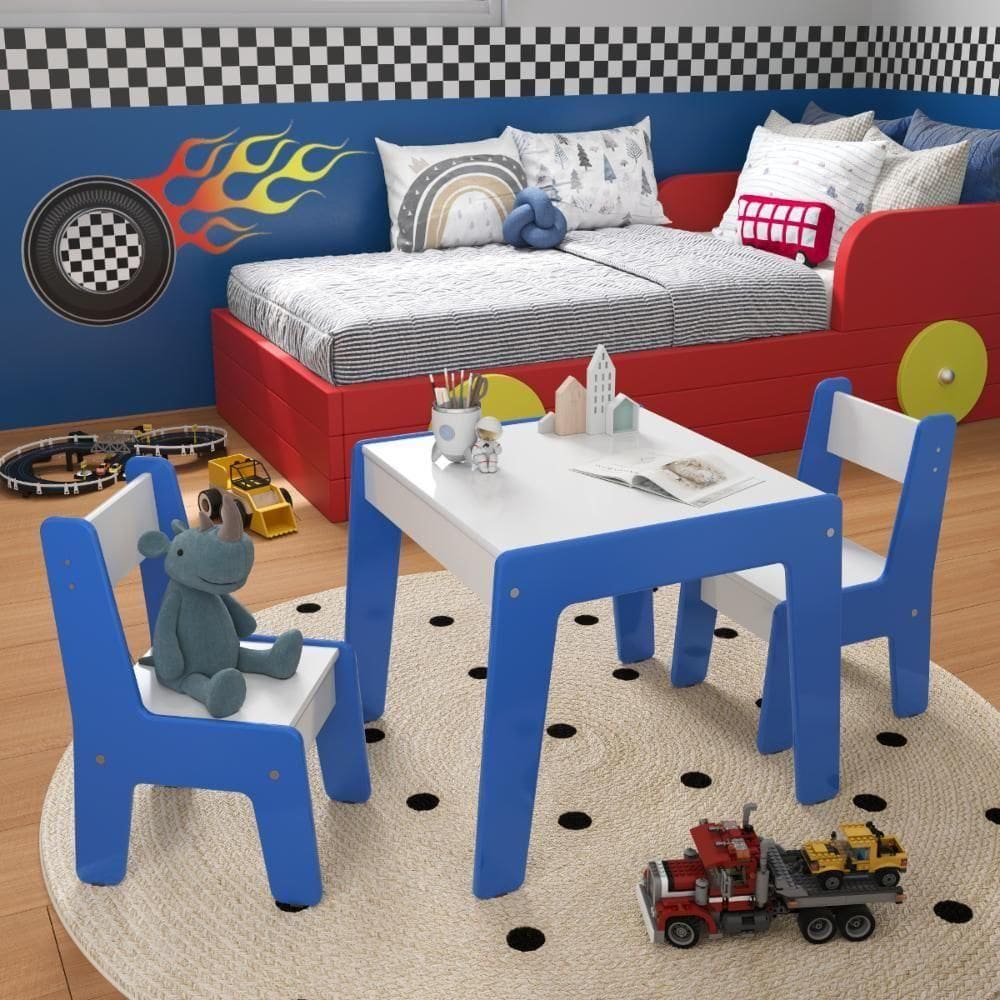 Conjunto Mesa Infantil 2 Cadeiras Mdf Diana Branco Azul