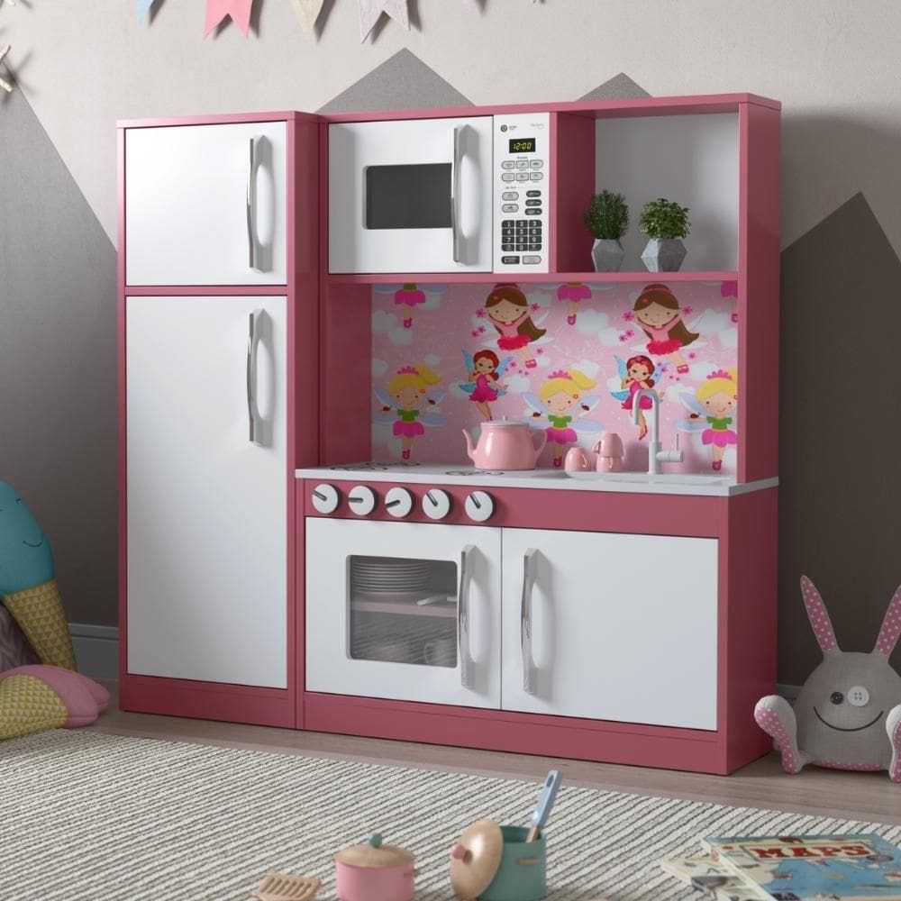 Armário Cozinha Com Refrigerador Infantil Lux Branco Rosa