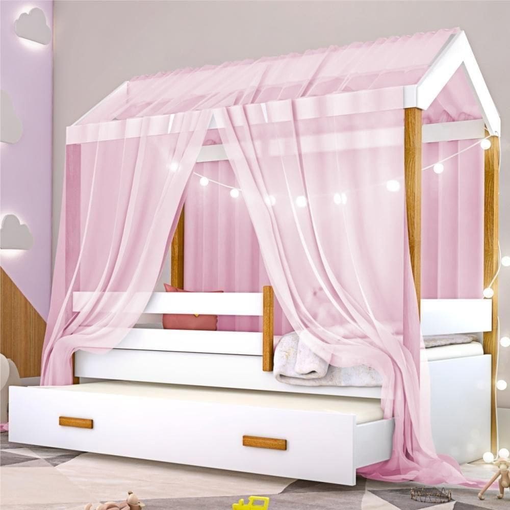 Bicama Montessori Exclusiv Fio De Luz Colchão E Voal Rosa