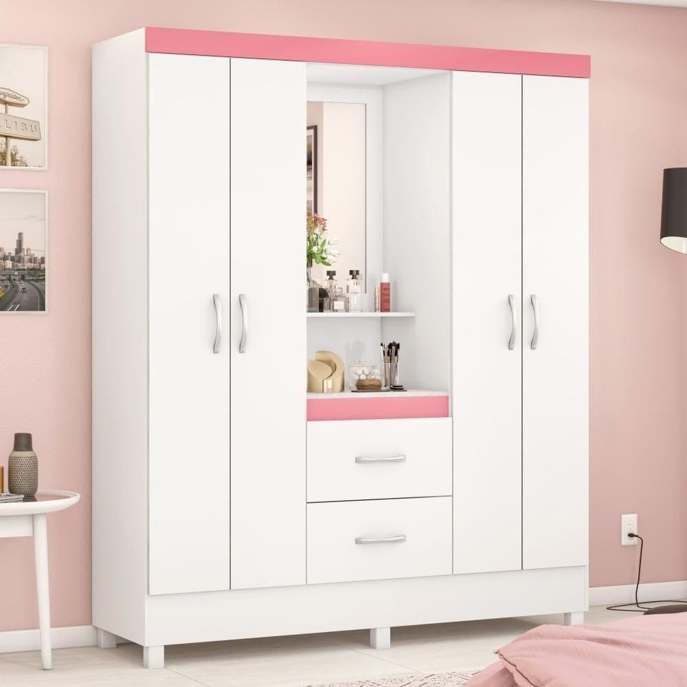 Guarda Roupa 2 Gavetas Ravenna Branco Rosa