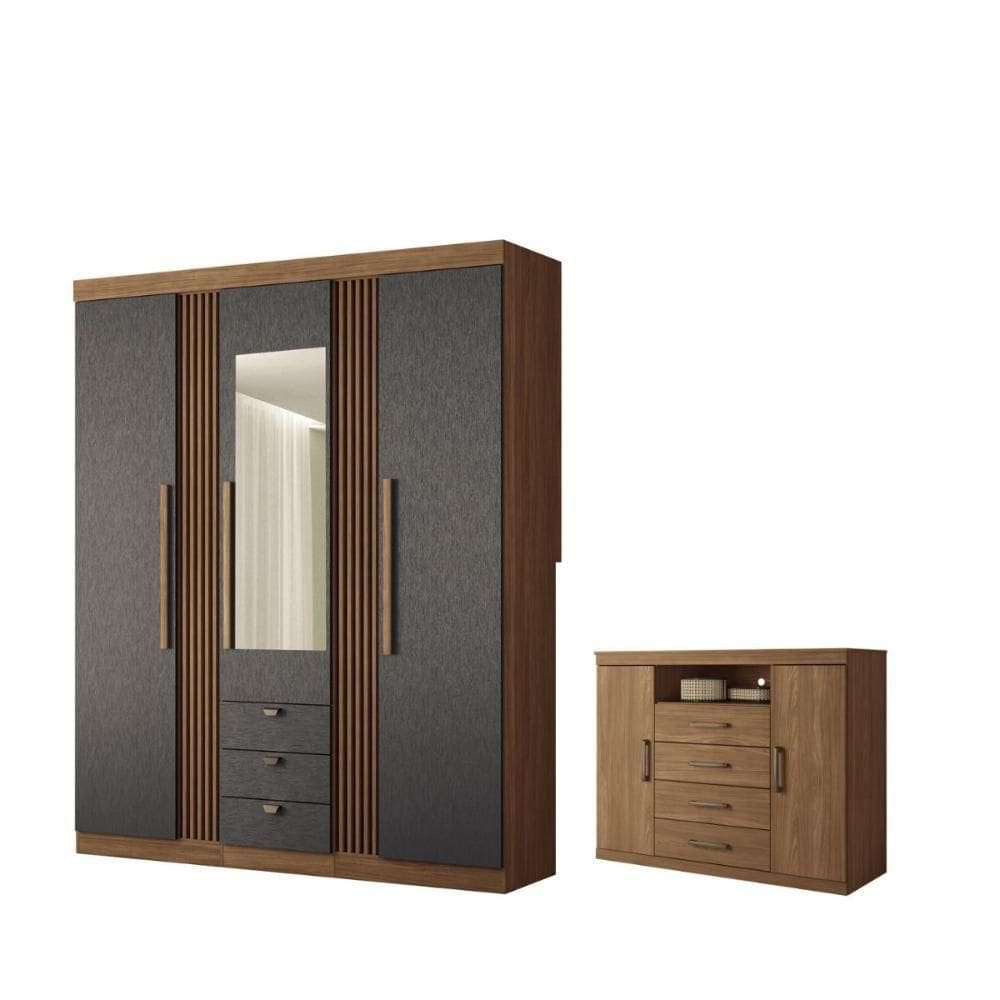 Kit Guarda Roupa Espelho E Cômoda Denver Jatoba Grafite