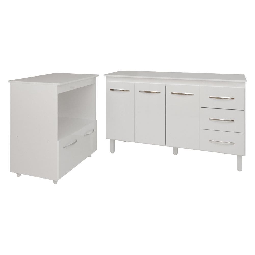 Gabinete Armário Carine 138 cm com Tampo Tampão e Balcão Amanda para Forno e Microondas Branco