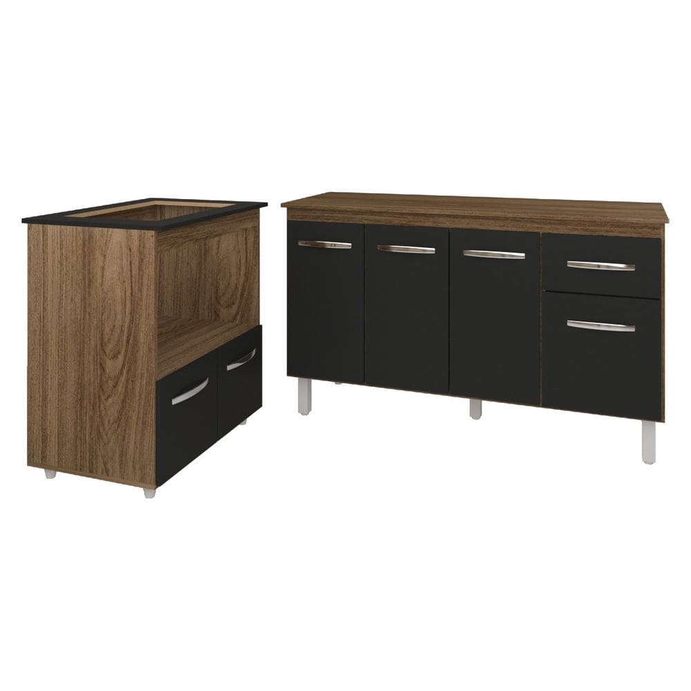 Armário Gabinete Camila 138 cm com Tampo Tampão e Balcão Evelyn Para cooktop 4 Bocas Savana com Preto