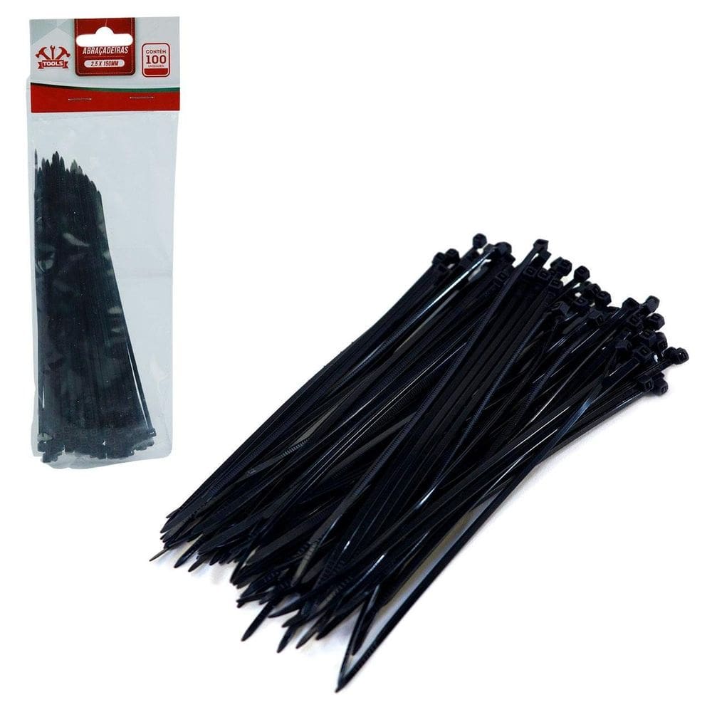 Abraçadeira de Nylon 100 Peças 2,5x150mm Preto - Tudo em Caixa