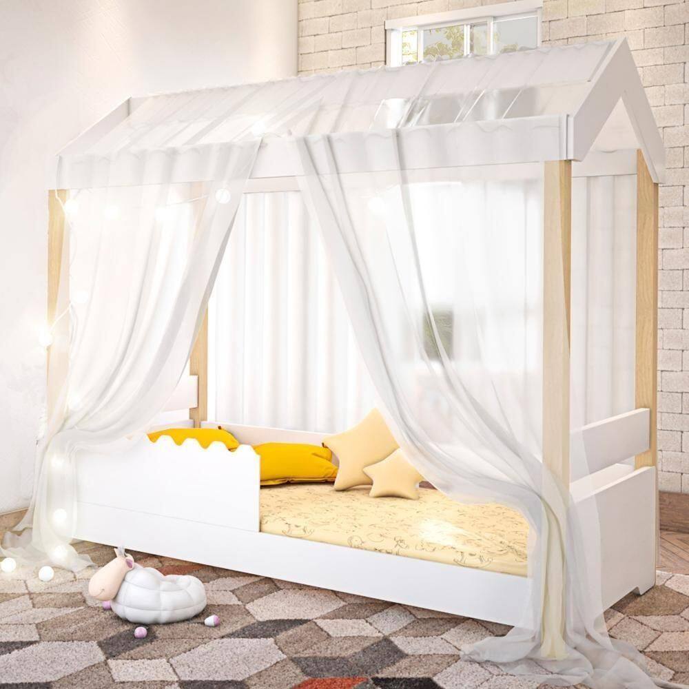 Cama Jéssica Solteiro Branco Com Voal Branco E Led