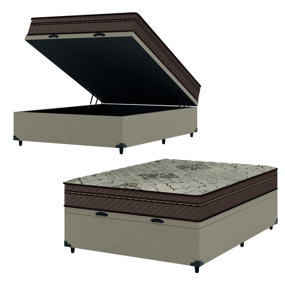 Cama Box Baú Casal Colchão Com Molas Ensacadas Tokio 138x188x66cm Marrom/Bege Umaflex