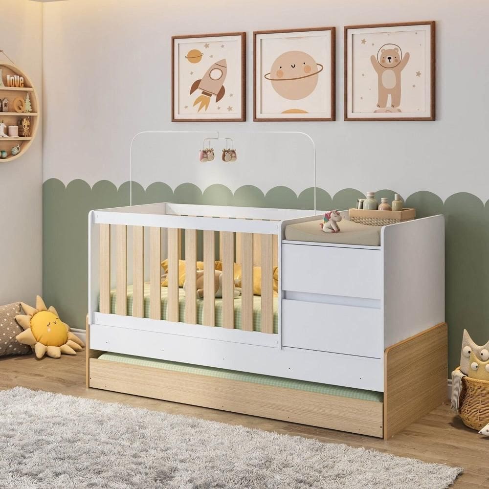 Berço Cama Auri com 2 Gavetas e Cama Auxiliar Casatema Carvalho M/Branco