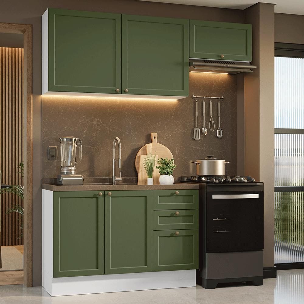 Armário de Cozinha Compacta 180 cm Branco/Verde Vik Madesa 02