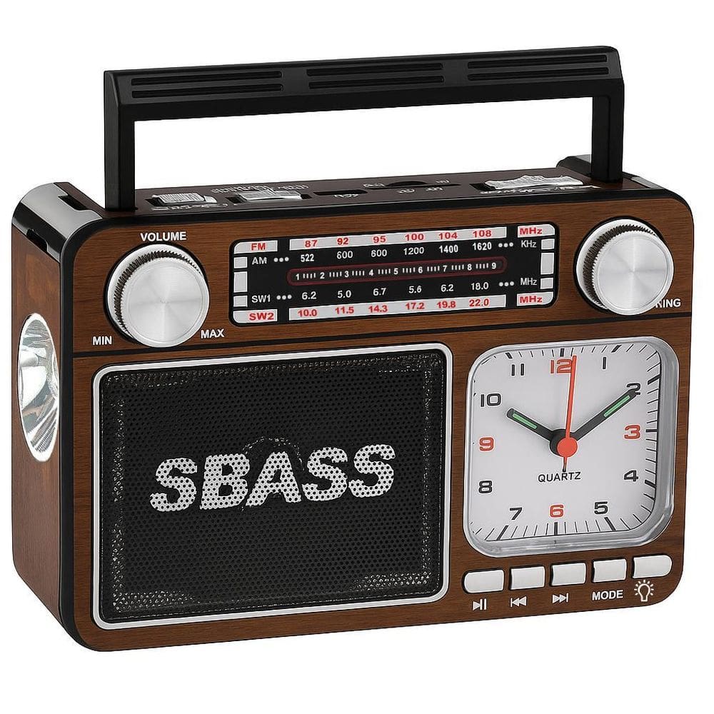 Rádio Portátil Recarregável Bluetooth Sbass Relógio, Usb, Tf