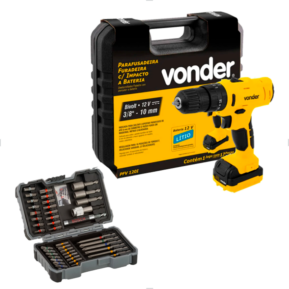 Parafusadeira PFV120I a Bateria 12v Vonder+Jogo de Bits 43 Peças Bosch